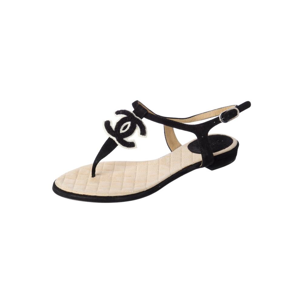 Chanel Interlocking CC Logo Suede T-Strap Sandals 37 sz - Picture 2 of 5